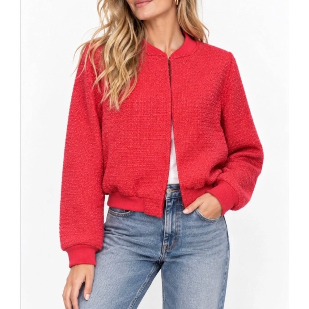 Jason Wu Coral Tweed Cropped Bomber Jacket Size Small